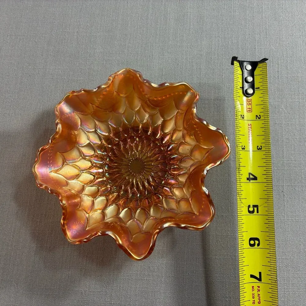 Vintage Marigold Carnival Glass Ruffled Bowl Petal Pattern 6.5 Inch